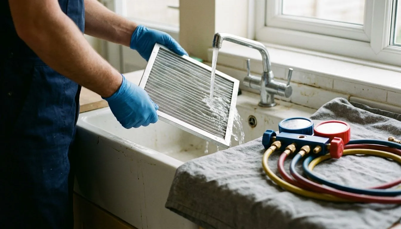Gloved hands rinsing a pleated air filter under a tap, beside a refrigerant gauge manifold with coloured hoses